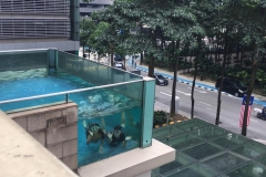 underwater in the pool over the entrance to the Marc